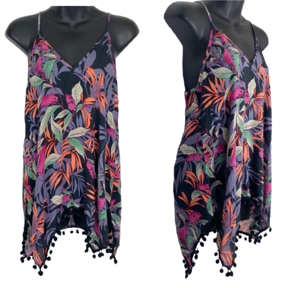 JAPNA Spaghetti Strap Floral Tank Top Pom Pom Trim boho festival summer